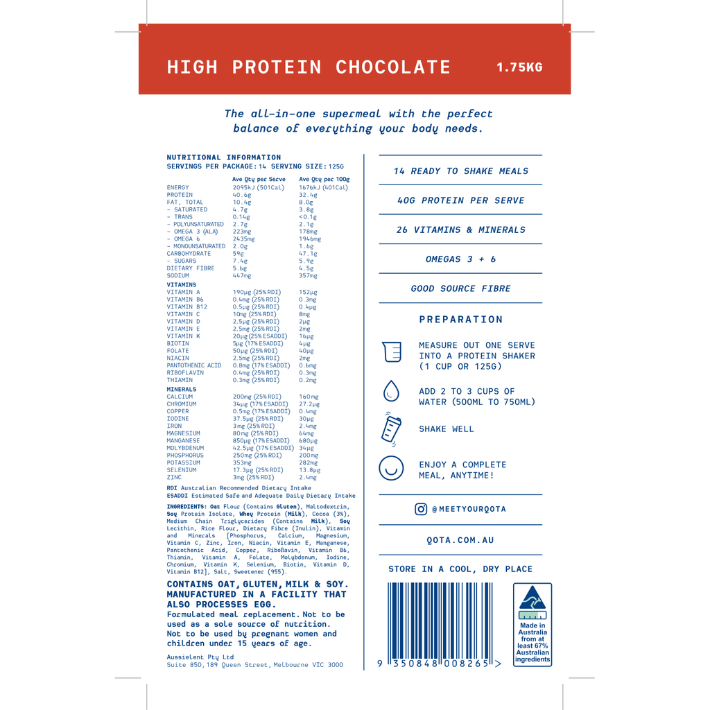 QOTA COMPLETE HIGH PROTEIN CHOCOLATE | 1.75kg
